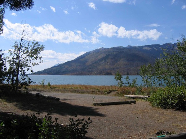 Campsite near Jackson Lake with the northern Teton Range across the water.