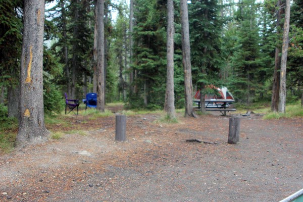 Tent and camp chairs at campsite.