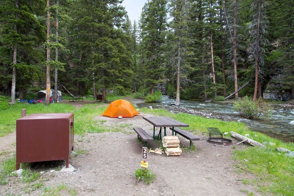 Food storage box, picnic table, tent at campsite.